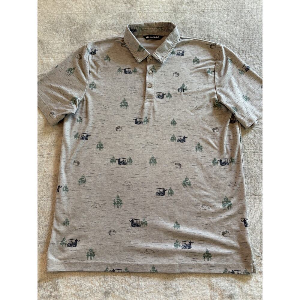 Travis Mathew Shirt Golf Polo Sport Mens Size L Grey Beer Golf Cart Print